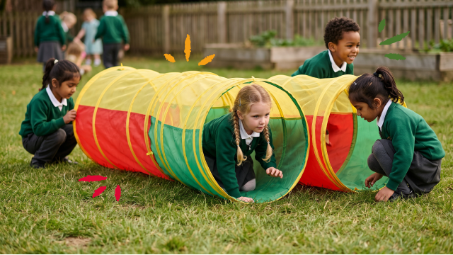 Students playing in an outdoor tunnel