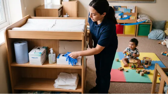Teacher using a hygiene station