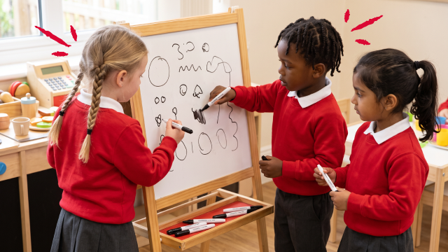 Students drawing with whiteboard pens