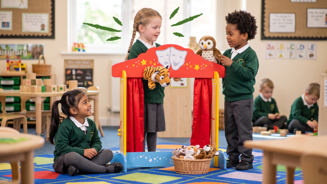 Students doing a puppet show