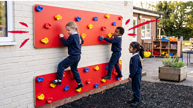 Students on an outdoor climbing wall