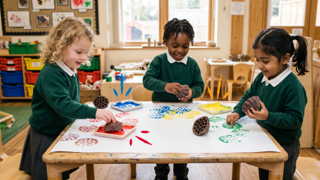 Early year students using lotus head printing